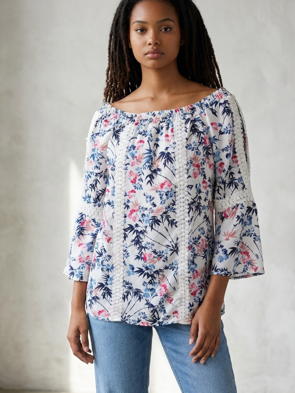 Tantrums White Floral Off-Shoulder Blouse with Navy and Pink Print